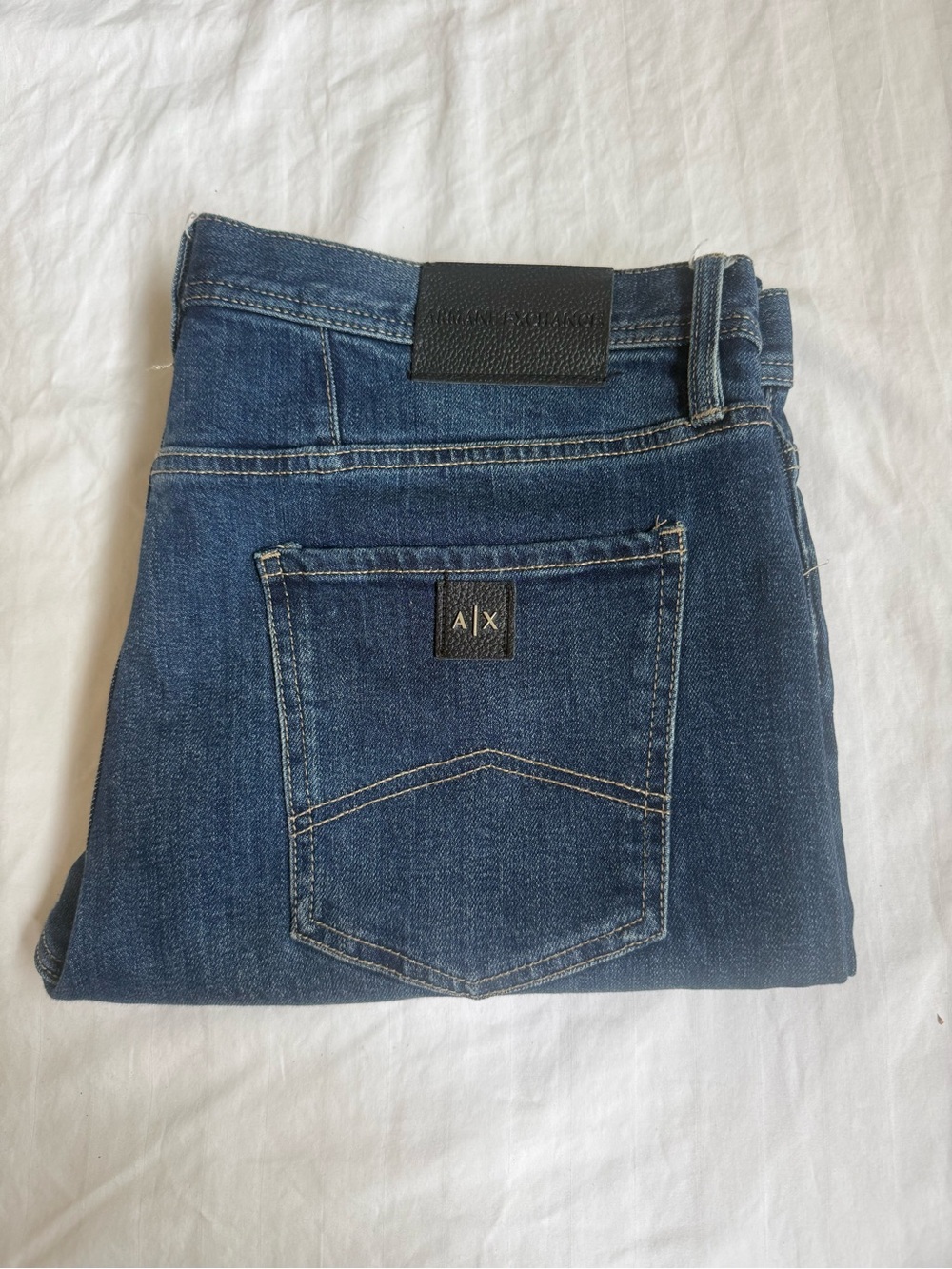 Armani Exchange Slim Jeans in Dark Blue with Black Leather Patch Size 36x30 - Picture 8 of 12